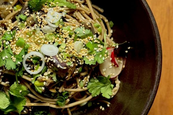 Soba noodles with miso aubergine and mentsuyu